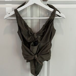 PatBO olive green one piece swimsuit with cut outs and tie details size small